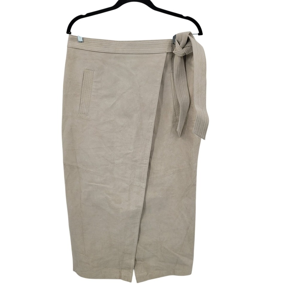 ASOS Suede Leather Tie Wrap‎ Midi Skirt US 10 UK 14 EU42 Ecru Pockets City Chic